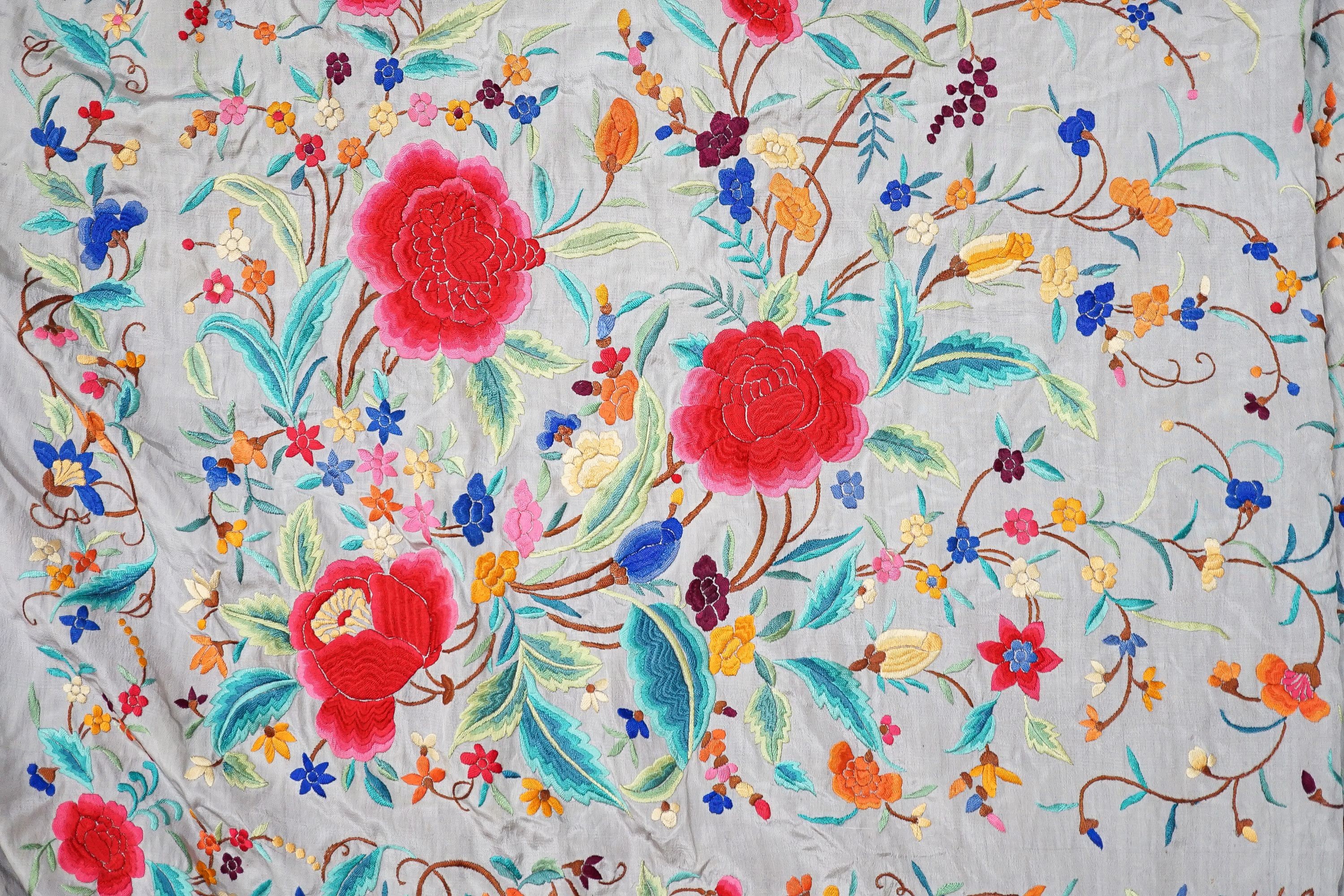 A large 19th century grey embroidered polychrome silk shawl 163x153cm